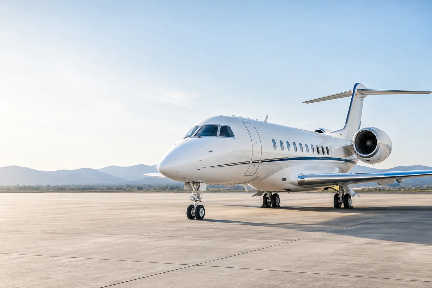 White private jet on an airport apron; original illustrative image